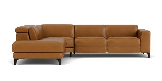 Cameo 2.5 seat corner modular with electric recliner + left facing terminal with adjustable headrests in blue fabric