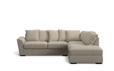 Edinburgh 6 seat corner modular with right arm facing ottoman & scatter back cushions in hopsack fabric warm greige | Plush