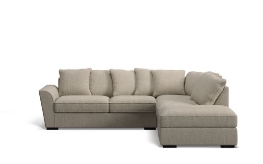 Edinburgh 6 seat corner modular with right arm facing ottoman & scatter back cushions in hopsack fabric warm greige | Plush
