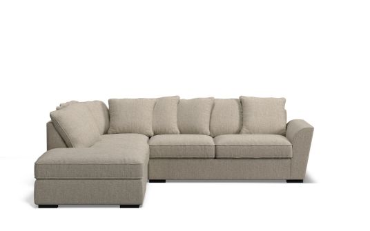 Edinburgh 6 seat corner modular with left arm facing ottoman & scatter back cushions in hopsack fabric warm greige | Plush